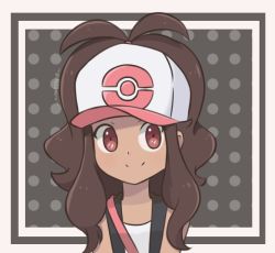 Rule 34 | 1girl, baseball cap, black vest, border, brown background, brown hair, chocomiru, closed mouth, commentary, creatures (company), english commentary, game freak, happy, hat, hilda (pokemon), long hair, looking at viewer, nintendo, outside border, poke ball print, pokemon, pokemon bw, polka dot, polka dot background, ponytail, print headwear, red eyes, smile, solo, tan, upper body, vest, wavy hair, white border, white hat
