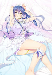 Rule 34 | 10s, 1girl, angel wings, armpits, arms up, ass, bare legs, barefoot, blue hair, blush, bow, bowtie, bracelet, bridal garter, brown eyes, butterfly hair ornament, center frills, commentary request, curtains, dress, eyebrows, flower, frilled pillow, frills, hair between eyes, hair flower, hair ornament, hairclip, headset, highres, jewelry, lace, lace-trimmed dress, lace trim, long hair, looking at viewer, love live!, love live! school idol festival, love live! school idol project, lying, on back, one side up, open mouth, pillow, ribbon, rose, sash, solo, sonoda umi, thighlet, white flower, white rose, wings, wrist ribbon, x hair ornament, yana mori