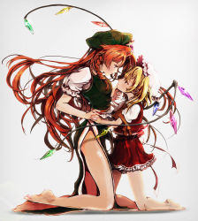 Rule 34 | 2girls, barefoot, blonde hair, braid, eye contact, flandre scarlet, full body, hand on another&#039;s chin, hat, hong meiling, kneeling, long hair, looking at another, multiple girls, profile, red hair, side ponytail, side slit, skirt, skirt set, star (symbol), touhou, twin braids, uranoyama, very long hair, white background, wings, yuri