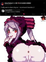 Rule 34 | 1girl, anus, artist logo, artist name, ass, bent over, bonnet, cleft of venus, cowboy shot, female focus, finger to mouth, from behind, grey hair, highres, leaning forward, long sleeves, looking at viewer, looking back, overlord (maruyama), pixel art, pussy, red hair, shalltear bloodfallen, simple background, smile, solo, twitter username, uncensored, white background, xmias