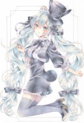 Rule 34 | 1girl, :o, absurdres, aqua hair, black bow, black ribbon, black tail, blue eyes, boots, bow, frilled hat, frilled sleeves, frills, hair between eyes, hair bow, hair ribbon, hat, hatsune miku, high heel boots, high heels, highres, holding, holding pocket watch, kneeling, long hair, marker (medium), open mouth, paruno, pocket watch, rabbit tail, ribbon, simple background, solo, tail, thigh boots, thighhighs, top hat, traditional media, twintails, vocaloid, watch