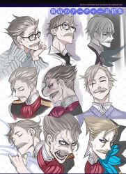Rule 34 | 1boy, ascot, black-framed eyewear, blonde hair, blue eyes, closed mouth, expressions, facial hair, fate/grand order, fate/grand order arcade, fate (series), glasses, grey hair, highres, honjou raita, james moriarty (archer) (fate), looking at viewer, male focus, multiple views, mustache, old, old man, open mouth, purple sweater, red ascot, shirt, sleeping, sweater, wet, wet hair, white shirt, wide-eyed