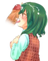 Rule 34 | 1girl, bad id, bad pixiv id, blush, breasts, breasts out, censored, cum, cum in mouth, cum on hair, cum on tongue, closed eyes, facial, fellatio, green eyes, green hair, hand on own chest, kazami yuuka, large breasts, licking, nipples, oral, penis, plaid, plaid vest, pointless censoring, short hair, solo focus, tomare, tongue, touhou, vest