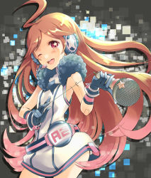 Rule 34 | 1girl, ahoge, android, blush, dress, gloves, headphones, headset, joints, long hair, microphone, mitsuk, mitsukura chikage, one eye closed, red eyes, red hair, robot joints, sf-a2 miki, smile, solo, striped clothes, striped gloves, vocaloid, wink