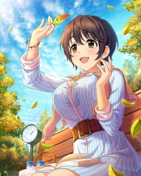 Rule 34 | 10s, 1girl, artist request, basket, belt, bench, blush, book, bracelet, breasts, brown eyes, brown hair, huge breasts, idolmaster, idolmaster cinderella girls, jacket, jacket on shoulders, jewelry, leaf, official art, oikawa shizuku, park bench, shirt, short hair, smile, solo, striped clothes, striped shirt, tree, vertical-striped clothes, vertical-striped shirt