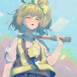 Rule 34 | 1girl, ascot, beji-kun, bow, closed eyes, collared shirt, commentary request, cookie (touhou), daiyousei, diyusi (cookie), flat chest, green hair, grey vest, hair bow, high-visibility vest, medium hair, open mouth, ponytail, shirt, solo, touhou, traffic baton, upper body, vest, white shirt, yellow ascot, yellow bow