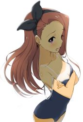 Rule 34 | 1girl, absurdres, brown eyes, brown hair, competition school swimsuit, crossed arms, embarrassed, hairband, highres, idolmaster, idolmaster (classic), looking at viewer, minase iori, one-piece swimsuit, one-piece tan, open mouth, school swimsuit, solo, sweatdrop, swimsuit, tan, tanline, tokiani, wavy mouth