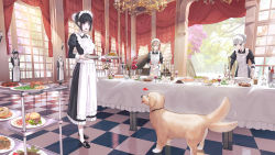 Rule 34 | 6+girls, apron, black hair, breasts, candle, checkered floor, commentary request, day, dog, closed eyes, flower, food, full body, green eyes, grey eyes, grey hair, hair bun, heart, highres, holding, instrument, kfr, long sleeves, looking at animal, maid, maid apron, maid headdress, medium breasts, multiple girls, open mouth, original, piano, pizza, plate, shoes, single hair bun, smile, standing, table, tail, tail wagging, tongue, tree, twintails, window