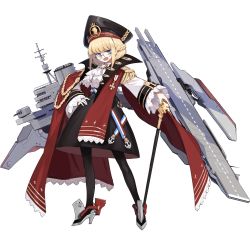 Rule 34 | 1girl, aiguillette, artist request, ascot, bags under eyes, black pantyhose, black surge night, blonde hair, blue eyes, blunt bangs, cane, cape, flight deck, hand on own hip, hat, high heels, implacable (black surge night), long sleeves, medal, military, military uniform, official art, open mouth, pantyhose, peaked cap, red cape, rigging, short hair, solo, transparent background, uniform, white ascot