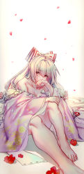 Rule 34 | 1girl, absurdres, bare shoulders, barefoot, bow, breasts, cleavage, collarbone, commentary request, covering own mouth, falling petals, flower, foot out of frame, foreshortening, frills, fujiwara no mokou, hair bow, here (hr rz ggg), highres, japanese clothes, kimono, knee up, long hair, looking to the side, off shoulder, petals, poppy (flower), red bow, red eyes, red flower, simple background, sitting, solo, touhou, two-tone bow, very long hair, white background, white bow, white hair