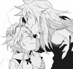 Rule 34 | 2boys, animal, black ribbon, closed eyes, commentary, fate/apocrypha, fate/grand order, fate (series), from side, fur trim, greyscale, hair ribbon, hand on another&#039;s head, holding, holding animal, long hair, male focus, monochrome, multiple boys, ribbon, shirt, short hair, sieg (fate), siegfried (fate), simple background, sweat, takasaki (rock rock), yaoi