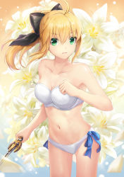 Rule 34 | 1girl, ahoge, artoria pendragon (all), artoria pendragon (fate), bad id, bad pixiv id, bandeau, bare shoulders, bikini, black bow, blonde hair, bow, breasts, closed mouth, collarbone, cowboy shot, fate/stay night, fate (series), floral background, flower, green eyes, hair between eyes, hair bow, hand up, holding, holding sword, holding weapon, lily (flower), long hair, looking at viewer, lunacle, medium breasts, navel, ponytail, saber lily, solo, swimsuit, sword, thighs, weapon, white bikini, white flower