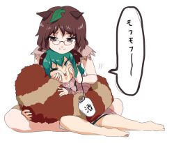 Rule 34 | 2girls, animal ears, bad id, bad twitter id, barefoot, bottle, brown eyes, brown hair, capelet, doroame (ameyu), futatsuiwa mamizou, glasses, green eyes, green hair, kasodani kyouko, long sleeves, looking at another, looking at viewer, looking down, multiple girls, open mouth, raccoon ears, raccoon tail, short hair, simple background, sitting, sleeveless, smile, speech bubble, tail, text focus, touhou, translation request, white background