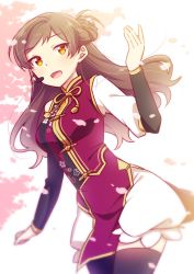 Rule 34 | 10s, 1girl, brown eyes, brown hair, cherry blossoms, china dress, chinese clothes, dress, idolmaster, idolmaster million live!, kitazawa shiho, long hair, open mouth, smile, solo, thighhighs, touon