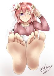 Rule 34 | 1boy, absurdres, artist request, astolfo (fate), barefoot, blush, braid, crossdressing, ethan(33327245), fate/grand order, fate (series), feet, flower, flower on head, foot focus, grin, hair ornament, highres, long hair, looking at viewer, male focus, one eye closed, pink hair, purple eyes, smile, soles, solo, toes, trap, v