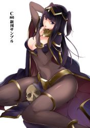 Rule 34 | 1girl, arm up, black hair, blue eyes, bodysuit, breasts, cape, circlet, cleavage, fire emblem, fire emblem awakening, hime cut, large breasts, long hair, looking at viewer, nintendo, riruharuha, sitting, skull, solo, tharja (fire emblem), twintails, two side up, white background