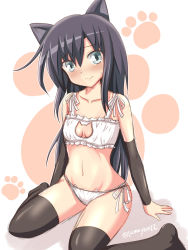 Rule 34 | 10s, 1girl, animal ears, arm warmers, asashio (kancolle), bare shoulders, bikini, black hair, black thighhighs, blush, bra, breasts, cat ears, cat lingerie, cleavage cutout, clothing cutout, embarrassed, grey eyes, highres, kantai collection, kemonomimi mode, meme attire, navel, panties, paw print, side-tie bikini bottom, side-tie panties, sitting, sketch, small breasts, solo, swimsuit, tamayan, thighhighs, underwear, underwear only, wariza, wavy mouth, white bra, white panties