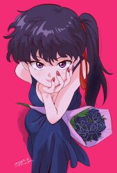 Rule 34 | 1girl, absurdres, artist name, black flower, black hair, black rose, blue dress, blush, bouquet, breasts, cleavage, closed mouth, commentary, dress, elbow on knee, eyelashes, fingernails, flower, foreshortening, from above, full body, hair between eyes, hair ribbon, hand on own face, highres, holding, holding bouquet, kneeling, kunou kodachi, leaning forward, lips, lipstick, long dress, long hair, looking at viewer, looking up, makeup, medium breasts, messy hair, nail polish, perspective, pink background, pink lips, purple eyes, ranma 1/2, red nails, red ribbon, ribbon, rose, scoop neck, shadow, side ponytail, signature, simple background, sleeveless, sleeveless dress, smile, solo, tsunemoku, upturned eyes