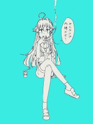 Rule 34 | 1girl, :d, ahoge, arm support, blunt bangs, can, cigarette, commentary, crossed legs, full body, green background, hair between eyes, highres, holding, holding cigarette, kantai collection, kuma (kancolle), loafers, long hair, looking at viewer, monochrome, neckerchief, open mouth, sailor collar, school uniform, serafuku, shocox3s, shoes, short sleeves, shorts, simple background, sitting, smile, smoke, socks, solo, speech bubble, spot color, translated