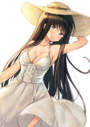 Rule 34 | black hair, blue eyes, blurry, breasts, cleavage, closed mouth, collarbone, depth of field, dress, dutch angle, hair between eyes, halter dress, halterneck, hat, head tilt, long hair, looking at viewer, medium breasts, midorikawa you, original, simple background, solo, sundress, very long hair, white background, white dress