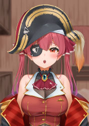Rule 34 | 1girl, ascot, bare shoulders, bicorne, black coat, black hat, blurry, blurry background, blush, bodystocking, breasts, cleavage, coat, commentary request, depth of field, eyepatch, hair between eyes, hair ribbon, hat, highres, hololive, houshou marine, houshou marine (1st costume), indoors, jacket, large breasts, long hair, looking at viewer, off shoulder, ootsuka you, open clothes, open coat, open mouth, pirate hat, red ascot, red eyes, red hair, red jacket, red ribbon, ribbon, see-through, see-through cleavage, sleeveless, sleeveless jacket, solo, twintails, upper body, virtual youtuber