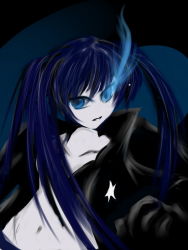 Rule 34 | 10s, 1girl, bad id, bad pixiv id, belt, bikini, bikini top only, black hair, black rock shooter, black rock shooter (character), blue eyes, coat, female focus, flat chest, front-tie top, gloves, glowing, glowing eyes, hood, hooded jacket, jacket, long hair, midriff, navel, pale skin, scar, shorts, solo, star (symbol), swimsuit, twintails, uneven twintails, very long hair, vocaloid, yaruku