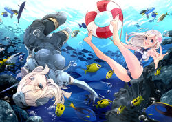 Rule 34 | 10s, 218, 2girls, blonde hair, blue eyes, crop top, cropped jacket, dual persona, fish, flower, garrison cap, hair flower, hair ornament, hat, kantai collection, lifebuoy, long hair, military, military uniform, multiple girls, one-piece tan, puffy sleeves, ro-500 (kancolle), sailor collar, school swimsuit, swim ring, swimsuit, swimsuit under clothes, tan, tanline, u-511 (kancolle), underwater, uniform