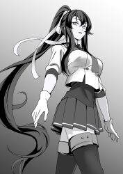 Rule 34 | 1girl, buttons, collared shirt, feet out of frame, gloves, greyscale, hair between eyes, highres, kantai collection, long hair, monochrome, pleated skirt, puffy short sleeves, puffy sleeves, sailor collar, shingyou (alexander-13), shirt, short sleeves, skirt, solo, thighhighs, very long hair, yahagi (kancolle), yahagi kai ni (kancolle)
