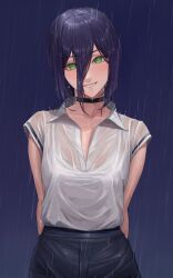 Rule 34 | 1girl, absurdres, ano (gccx8784), arms behind back, black choker, black shorts, blue hair, breasts, chainsaw man, choker, collared shirt, commentary request, green eyes, grenade pin, hair between eyes, highres, looking at viewer, medium breasts, medium hair, night, rain, reze (chainsaw man), see-through, see-through shirt, shirt, shirt tucked in, shorts, sleeveless, sleeveless shirt, smile, solo, wet, wet clothes, wet hair, white shirt