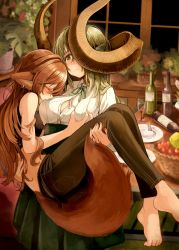 Rule 34 | 159cm, alcohol, animal ears, grabbing another&#039;s breast, breasts, brown hair, carrying, cleavage, crop top, cup, denim, dress shirt, drinking glass, drunk, earrings, food, fox ears, fox tail, fruit, fruit basket, glan (159cm), grabbing, green hair, high-waist skirt, highres, huge horns, jeans, jewelry, kissing breast, long hair, medium breasts, medium hair, pants, partially unbuttoned, plate, pleated skirt, princess carry, shirt, short sleeves, skirt, sleeveless, table, tail, wine-chan (159cm), wine glass, yellow eyes, yuri