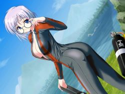 Rule 34 | 1girl, ass, blue eyes, bodysuit, breasts, center opening, cleavage, clique creek, diving suit, dutch angle, female focus, furuno masashi, game cg, glasses, kaigata roka, large breasts, open clothes, open shirt, purple hair, shirt, short hair, single vertical stripe, solo, unzipped, wetsuit