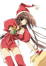 Rule 34 | 1girl, blue eyes, brown hair, christmas, covered erect nipples, duplicate, female focus, gift, gloves, hat, highres, holding, holding gift, long hair, one eye closed, red gloves, red thighhighs, santa costume, santa hat, simple background, solo, suzuhira hiro, thighhighs, white background, wink