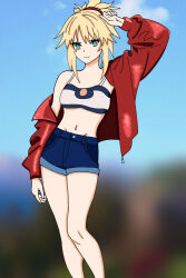 Rule 34 | 1girl, blonde hair, blue shorts, cuyito, fate/apocrypha, fate (series), highres, jacket, midriff, mordred (fate), red jacket, shorts