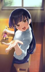 Rule 34 | 1girl, absurdres, bag of chips, blue hair, blue skirt, blurry, blurry background, boku no kokoro no yabai yatsu, breasts, brown eyes, chips (food), dark blue hair, desk, food, highres, holding, holding food, incoming food, indoors, large breasts, long hair, looking at viewer, open mouth, pleated skirt, potato chips, shirt, sitting, skirt, solo, takeman, white shirt, window, yamada anna