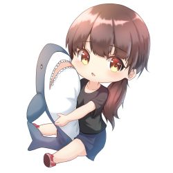 Rule 34 | 1girl, bad id, bad pixiv id, black shirt, blue shorts, blush, brown eyes, brown hair, chibi, collarbone, commentary request, copyright request, full body, ikea shark, karorena, long hair, low ponytail, hugging object, parted lips, ponytail, red footwear, shirt, shoe soles, shoes, short sleeves, shorts, simple background, sitting, solo, stuffed animal, stuffed shark, stuffed toy, transparent background, very long hair, white background