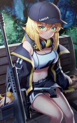 Rule 34 | 1girl, absurdres, animal ear headphones, animal ears, anti-materiel rifle, armpit crease, artist request, bare shoulders, barrett m82, baseball cap, belt, bench, black hat, black jacket, black shorts, blonde hair, breasts, cat ear headphones, cleavage, closed mouth, commission, crop top, fake animal ears, feet out of frame, green eyes, gun, handgun, hat, headphones, headphones around neck, highres, jacket, large breasts, long hair, long sleeves, looking at viewer, midriff, navel, night, off shoulder, open clothes, open jacket, original, outdoors, park bench, rifle, scope, second-party source, shirt, short shorts, shorts, sitting, sleeveless, sleeveless shirt, sniper rifle, solo, stomach, thighs, very long hair, weapon, weapon request, white shirt