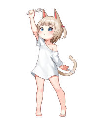 Rule 34 | 1girl, absurdres, animal ears, arm up, bare legs, blonde hair, blue eyes, blunt bangs, cat ears, cat tail, chestnut mouth, child, collarbone, eyebrows, flat chest, fork, hair bobbles, hair ornament, highres, kim nico, no pants, off shoulder, original, oversized clothes, oversized shirt, pigeon-toed, shirt, short hair, short twintails, simple background, solo, spoon, t-shirt, tail, tareme, tiptoes, twintails, white background
