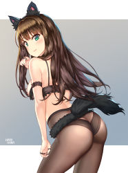 Rule 34 | 1girl, animal ears, ass, back, bare shoulders, black bra, black panties, blush, bra, bra pull, breasts, brown hair, butt crack, clothes pull, gradient background, green eyes, grey background, hamahama, highres, hip focus, idolmaster, idolmaster cinderella girls, long hair, looking at viewer, looking back, medium breasts, panties, panties under pantyhose, pantyhose, shibuya rin, smile, solo, tail, thighs, underwear, wolf ears, wolf tail