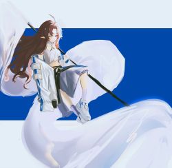 Rule 34 | 1girl, :/, ahoge, arknights, belt, blue eyes, closed mouth, collar, commentary, crop top, flag, floating hair, full body, highres, holding, holding flag, jacket, long hair, looking at viewer, myrtle (arknights), off shoulder, open clothes, open jacket, pointy ears, red hair, shirofukurou, shoes, skirt, sneakers, socks, solo, symbol-only commentary, tank top, very long hair, white collar, white footwear, white jacket, white skirt, white socks, white tank top