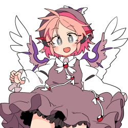 Rule 34 | 1girl, animal ears, bird ears, bird wings, blush, brown dress, brown hat, collared shirt, cowboy shot, dress, earrings, frilled dress, frills, grey eyes, hat, highres, ini (inunabe00), jewelry, long sleeves, looking at viewer, mystia lorelei, open mouth, pink hair, shirt, short hair, simple background, single earring, sleeve garter, smile, solo, touhou, white background, white shirt, white wings, winged hat, wings