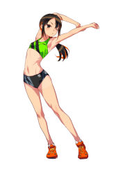 Rule 34 | 1girl, armpits, black eyes, black hair, breasts, commentary request, fujisawa takashi, multicolored hair, one eye closed, orange hair, original, ponytail, simple background, small breasts, solo, stretching, tan, tanline, track and field, two-tone hair, white background