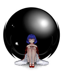 Rule 34 | 1girl, alternate costume, aoshima, bare shoulders, bat wings, blue hair, commentary request, dress, closed eyes, highres, mary janes, o-ring, red footwear, remilia scarlet, rumia, rumia (darkness), shoes, short hair, sitting, touhou, white dress, wings