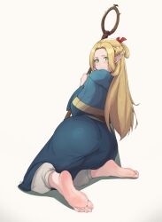 Rule 34 | 1girl, absurdres, addicted to glitter, barefoot, blonde hair, blush, dungeon meshi, feet, green eyes, highres, long hair, looking at viewer, marcille donato, pointy ears, soles, toes