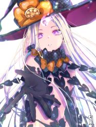 Rule 34 | 1girl, abigail williams (fate), abigail williams (third ascension) (fate), black bow, black gloves, black hat, black panties, bow, elbow gloves, fate/grand order, fate (series), gloves, glowing, hat, hat bow, head tilt, highres, long hair, looking at viewer, orange bow, outstretched arm, panties, parted bangs, parted lips, polka dot, polka dot bow, purple eyes, revealing clothes, signature, silver hair, simple background, skull print, sofra, solo, topless, underwear, very long hair, white background, witch hat