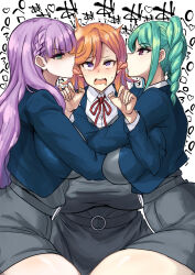 3girls absurdres alternate_breast_size asb2 blush braid breasts ear_licking fff_threesome gigantic_breasts girl_sandwich green_eyes green_hair group_sex highres hug large_breasts licking long_hair love_live! love_live!_superstar!! multiple_girls onitsuka_tomari open_mouth orange_hair purple_eyes purple_hair sandwiched school_uniform shibuya_kanon simple_background skirt thick_thighs thighs threesome twintails white_background wien_margarete yuigaoka_school_uniform yuri