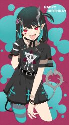 Rule 34 | 1girl, akanbe, akitetsu, belt, black belt, black dress, black hair, blue hair, blue pantyhose, bracelet, broken horn, bubble, commentary, cowboy shot, cropped legs, cross print, demon girl, demon horns, demon tail, dress, eye hair ornament, eye of providence, eyelid pull, fang, fingernails, flat chest, grey pantyhose, happy birthday, highres, horns, jewelry, looking at viewer, medium bangs, medium hair, multicolored hair, multiple rings, nanashi inc., official alternate costume, one side up, open mouth, pantyhose, pointy ears, print dress, red background, red eyes, red nails, ring, shishio chris, shishio chris (3rd costume), short sleeves, single leg pantyhose, smile, solo, spiked bracelet, spikes, striped clothes, striped pantyhose, tail, tongue, tongue out, two-tone hair, virtual youtuber, wristband, zipper