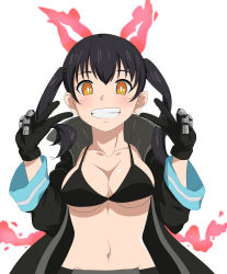 Rule 34 | 1girl, absurdres, animal ears, armpits, black bra, black gloves, black hair, black panties, bra, breasts, cat ears, cat tail, cleavage, clenched hands, clenched teeth, coat, collarbone, collared coat, en&#039;en no shouboutai, eyelashes, facing viewer, female focus, fire, firefighter, gloves, hands up, happy, highres, large breasts, legs, light blush, long sleeves, looking at viewer, midriff, navel, neck, open clothes, open coat, oversized clothes, panties, print coat, pyrokinesis, rinine, shiny skin, sidelocks, simple background, slit pupils, smile, standing, tail, tamaki kotatsu, teeth, thighs, twintails, underboob, underwear, upper body, v, white background, wide sleeves, yellow eyes