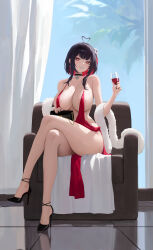 Rule 34 | 1girl, absurdres, ahoge, alcohol, areola slip, armchair, bag, bare shoulders, black choker, black footwear, black hair, black nails, breasts, bright pupils, chair, choker, colored inner hair, commission, cross, cross earrings, crossed legs, cup, curtains, day, dress, drinking glass, earrings, feather boa, fingernails, grin, hair ornament, handbag, heart, heart ahoge, high heels, highres, holding, holding cup, indoors, jewelry, kiek qaq, large breasts, legs, long fingernails, looking at viewer, mole, mole on breast, multicolored hair, nail polish, on chair, original, parted lips, pentagram, pixiv commission, plunging neckline, red dress, red eyes, red hair, red wine, revealing clothes, short hair, short hair with long locks, sidelocks, sitting, smile, solo, strappy heels, thighs, tile floor, tiles, two-tone hair, white pupils, wine, wine glass