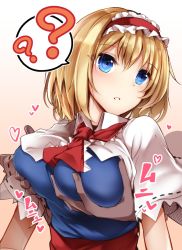Rule 34 | 1boy, 1girl, ?, alice margatroid, blonde hair, blue eyes, grabbing another&#039;s breast, breasts, capelet, commentary request, fingernails, grabbing, grabbing from behind, gradient background, hairband, heart, hetero, highres, hypnosis, large breasts, midori (misuriru8), mind control, red hairband, red neckwear, ribbon trim, sash, solo focus, spoken question mark, touhou, underwear, white capelet, wing collar
