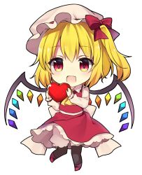 Rule 34 | 1girl, :d, ascot, back bow, bat wings, blonde hair, blush, bow, chibi, commentary, crystal, eyelashes, fang, flandre scarlet, frilled skirt, frills, hair between eyes, happy, hat, hat bow, heart, highres, holding, holding heart, long sleeves, looking at viewer, open mouth, rainbow order, red bow, red eyes, red skirt, ruhika, side ponytail, simple background, skirt, smile, solo, symbol-only commentary, touhou, white background, white bow, white hat, wings, yellow ascot